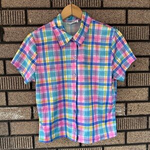 Vintage Jeffrey & Me Girls Plaid Polyester Button Down Shirt Size large -USA